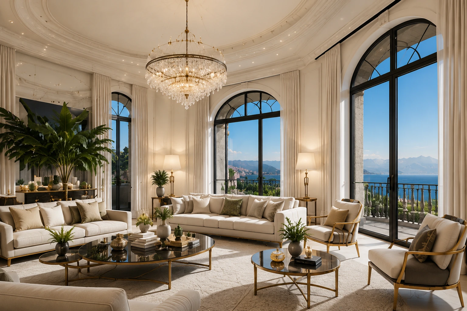 Salon de prestige avec lustre en cristal et vue panoramique