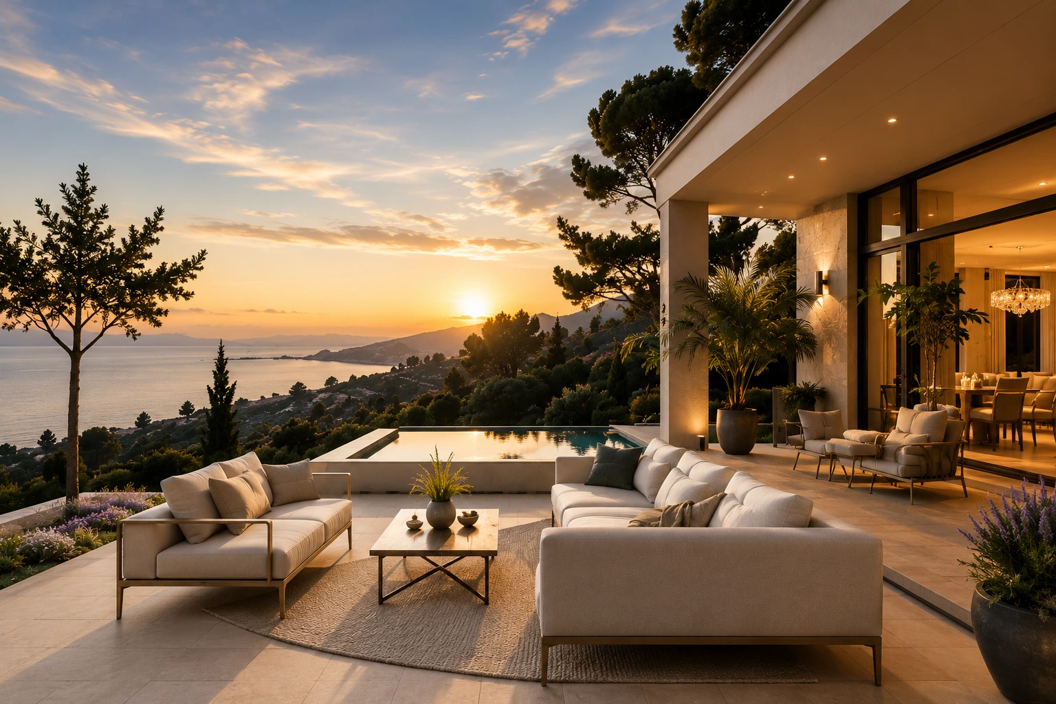 Villa d'exception avec piscine à débordement surplombant la mer au crépuscule
